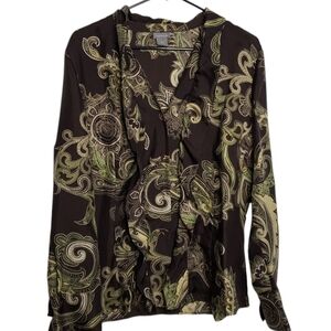 Ann Taylor Women's Paisley Silk Blouse Brown Green Button Front Ruffle Size 16